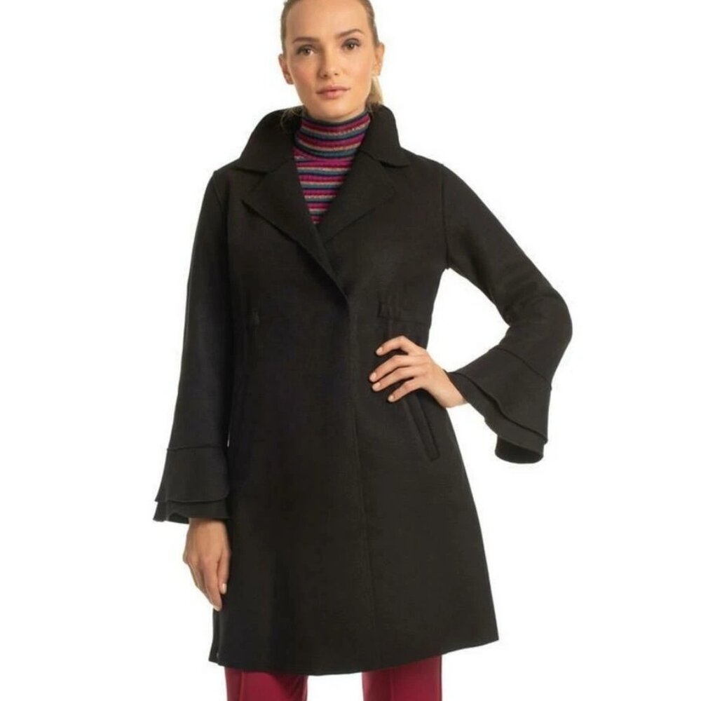 $425 TRINA TURK Sasha Bell Sleeve Coat Raw Edge Wool Blend Black size 0